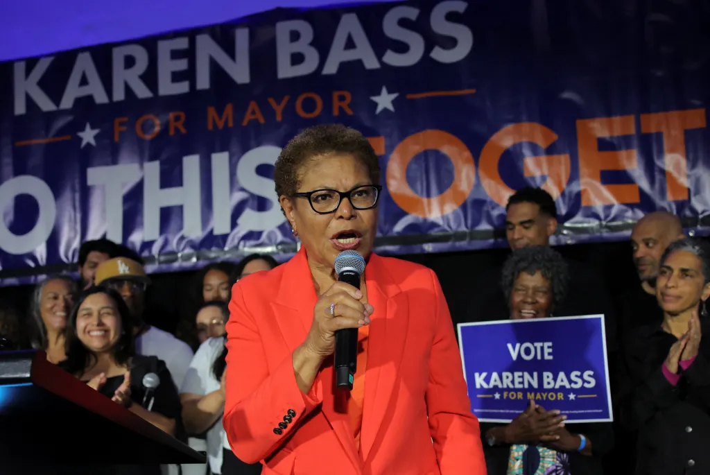 Karen Bass speaks to supporters at her election night watch party.