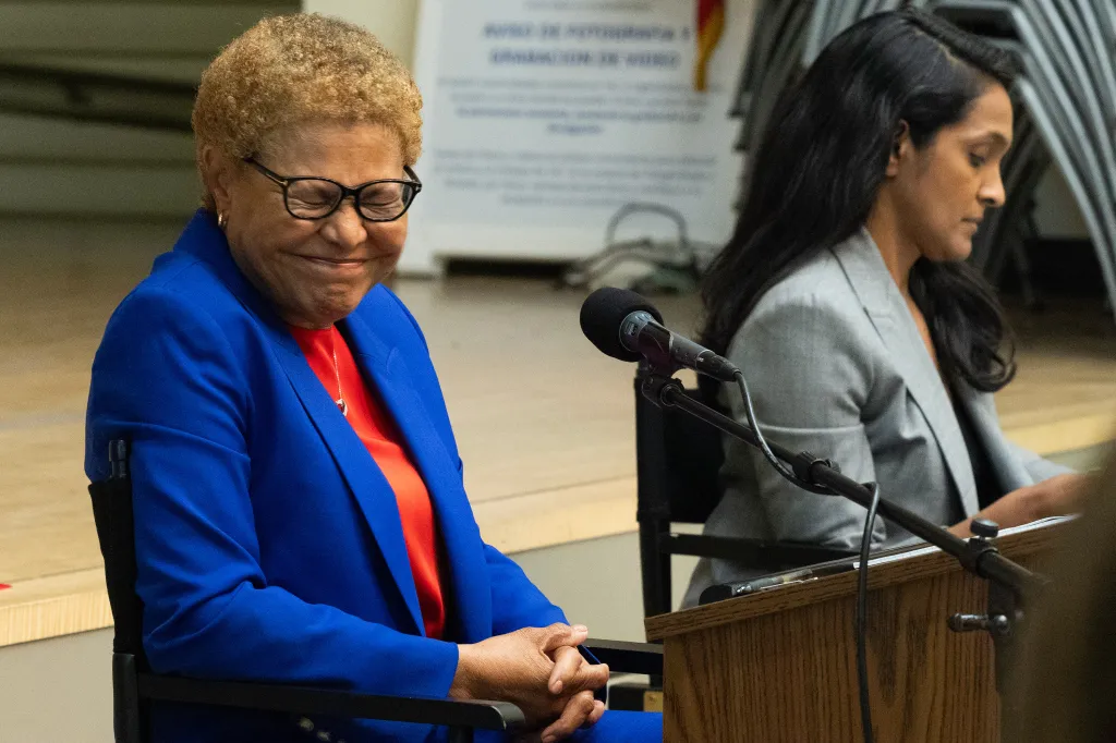 Los Angeles Mayor Karen Bass and City Councilmember Nithya Raman at the first general election runoff debate.