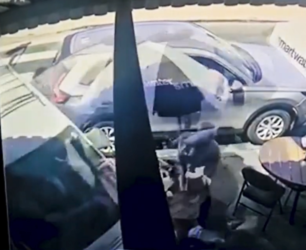 SUV crashing into outdoor diners at a restaurant.