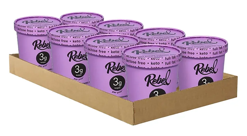 A dozen Rebel ice cream pints in a cardboard tray.