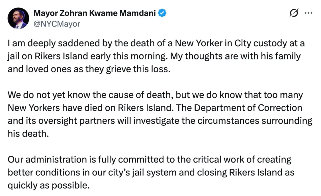 A tweet by Mamdani about a death at Rikers Island.