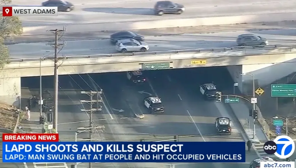 An aerial view of multiple LAPD patrol cars surrounding a man in South Los Angeles, below a highway overpass, with news text overlays.