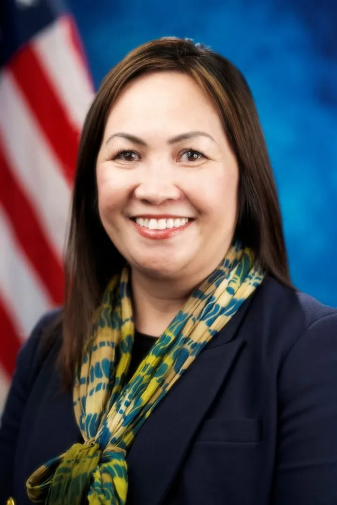 Mao Misty smiling in a navy blazer and patterned scarf, with an American flag in the background.