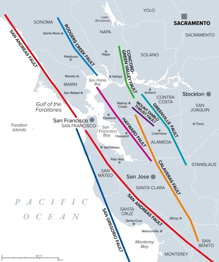 Map showing the major fault lines in the Bay Area.