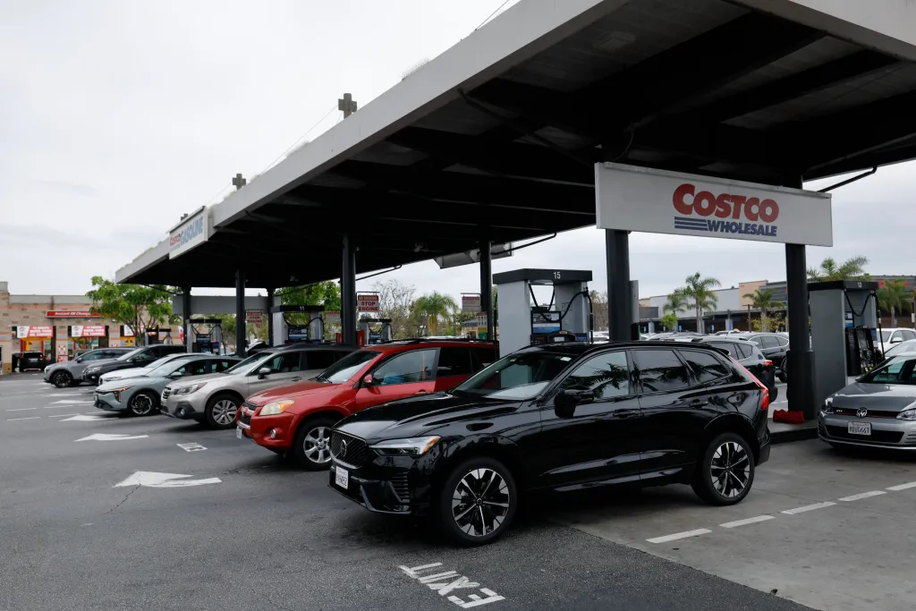 Cars lined up at a Costco gas station in Marina del Rey, California.