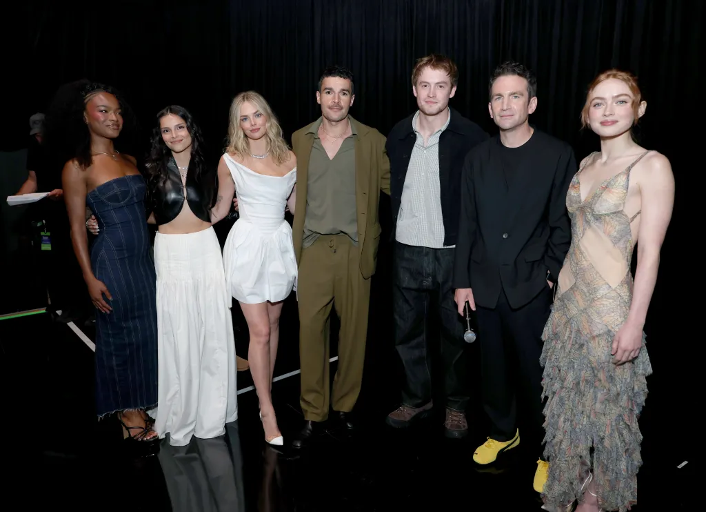 Maya Boyd, Inde Navarrette, Samara Weaving, Christopher Abbott, Kit Connor, Jake Schreier and Sadie Sink at the Disney Entertainment Showcase at D23: The Ultimate Disney Fan Event.