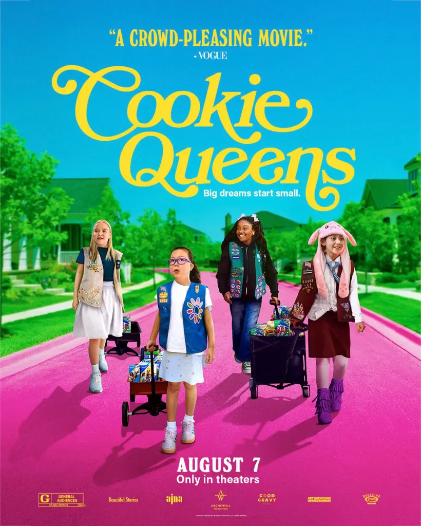 Illustration of four girls dressed as Girl Scouts walking down a pink street, with text