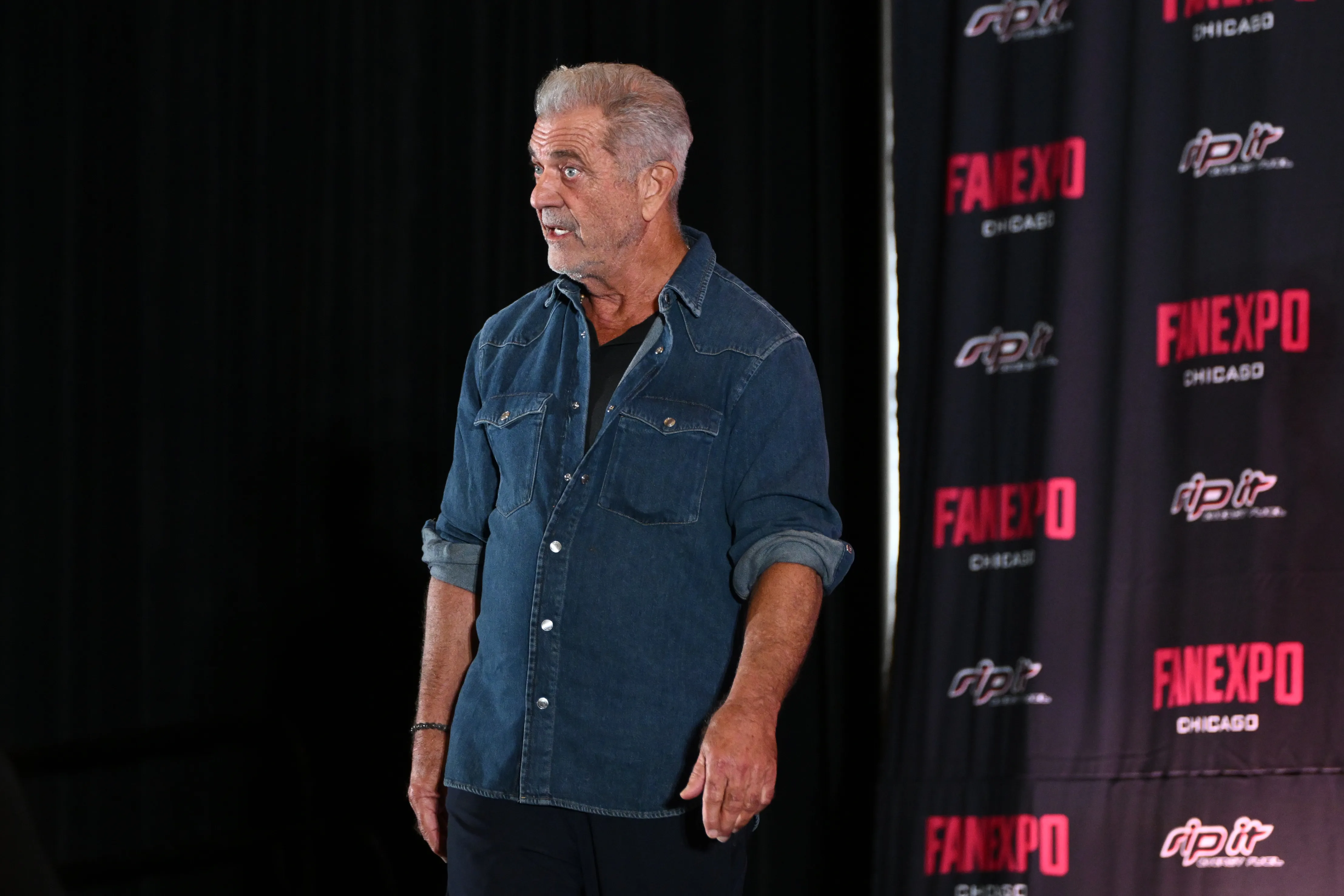Mel Gibson speaks on stage at FanExpo Chicago 2026.
