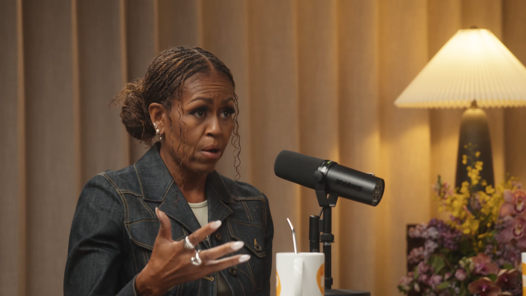 Michelle Obama during her recent podcast with Jon Stewart on Aug, 26, 2026.