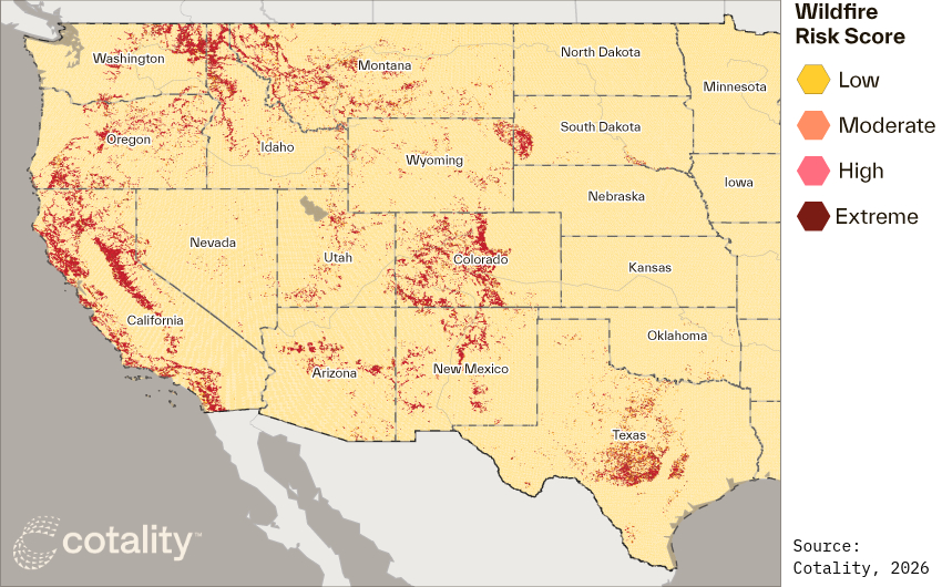 Map of the western US showing wildfire risk scores by state, with areas of moderate to extreme risk highlighted in red.