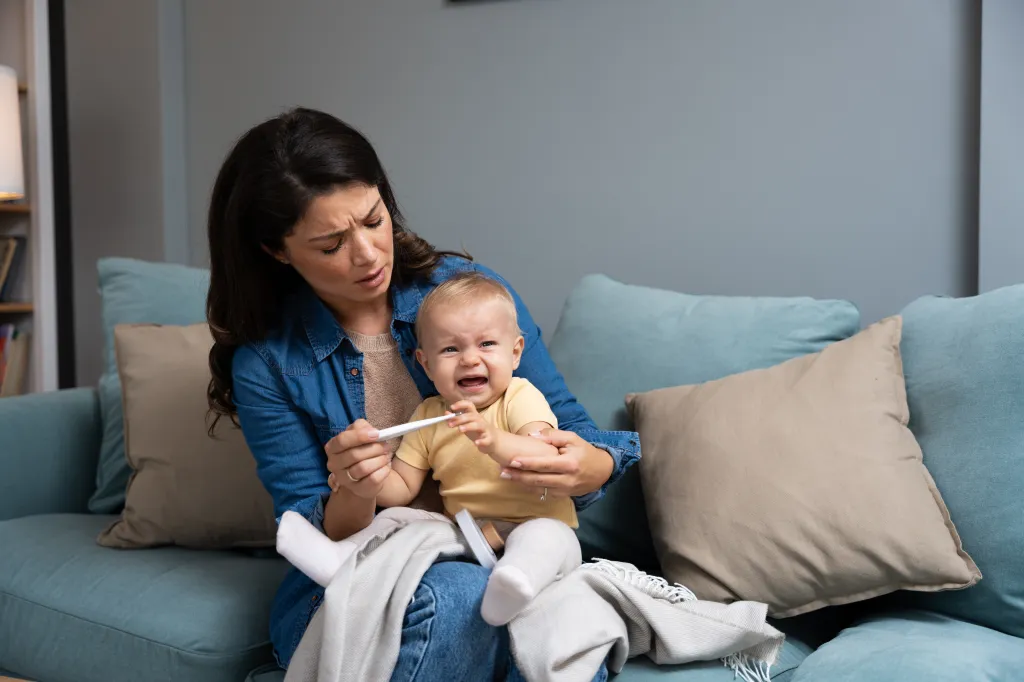 A mother holds her crying baby, taking its temperature with a thermometer.