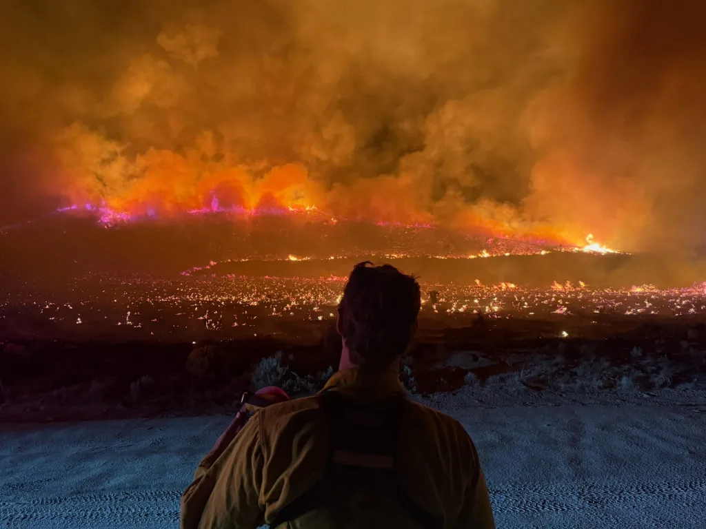 A firefighter stands with their back to the viewer, watching a large wildfire burning across a hillside at night.