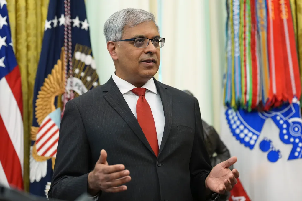 National Institutes of Health Director Dr. Jay Bhattacharya speaks during a meeting to sign an executive order about vaccines on Monday, Aug. 10, 2026, in the Oval Office of the White House in Washington. 