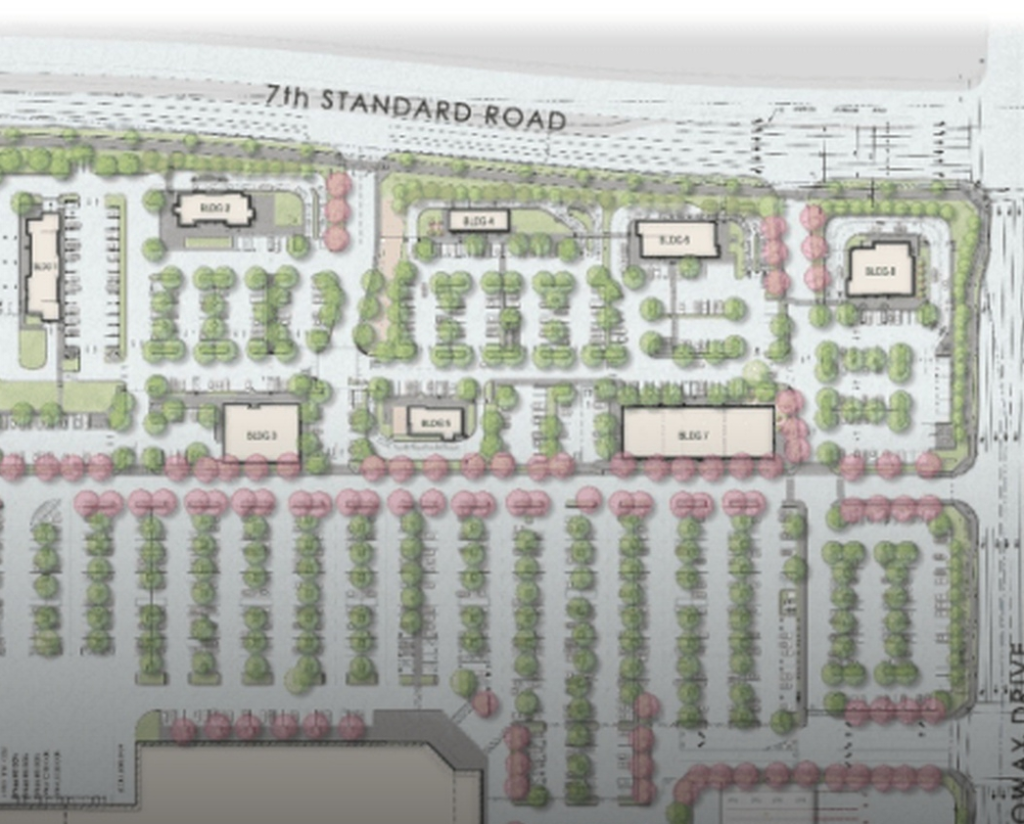 Illustration of a proposed marketplace with multiple buildings and parking lots.