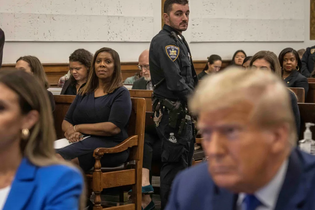 New York Attorney General Letitia James looks on during the Trump Organization civil fraud trial.