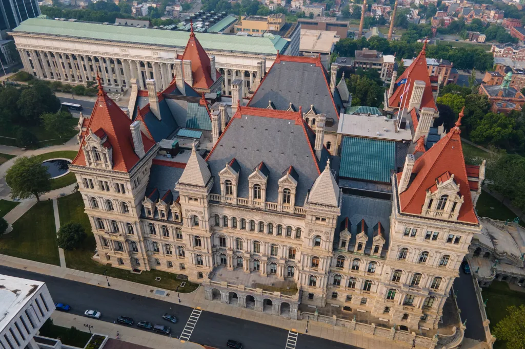 Aerial view of the New York State Capitol building in Albany.
