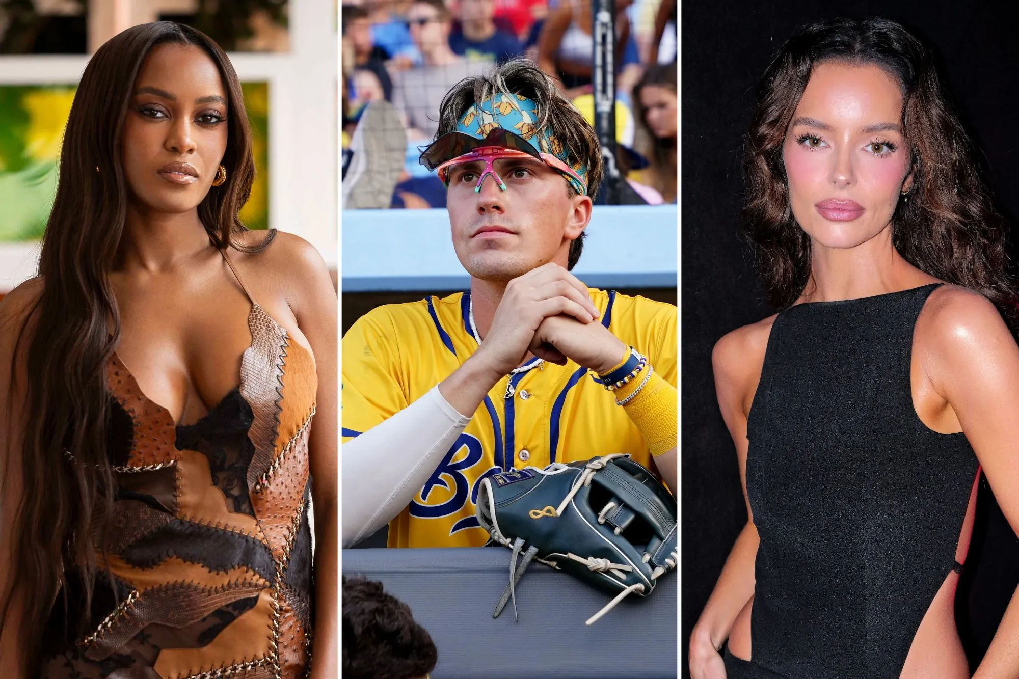 An image collage containing 3 images, Image 1 shows Ciara Miller on Love Island USA, Week 2, Image 2 shows A Savannah Bananas player in a yellow jersey, colorful headband, and sunglasses, looking intently over a dugout barrier, Image 3 shows Maura Higgins attends the 2026 TIME100 Creators Event