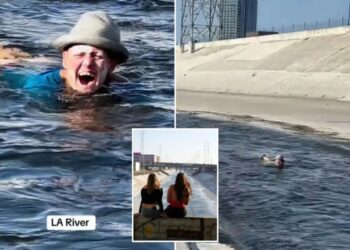 Bizarre moment woman caught casually floating down notorious LA River