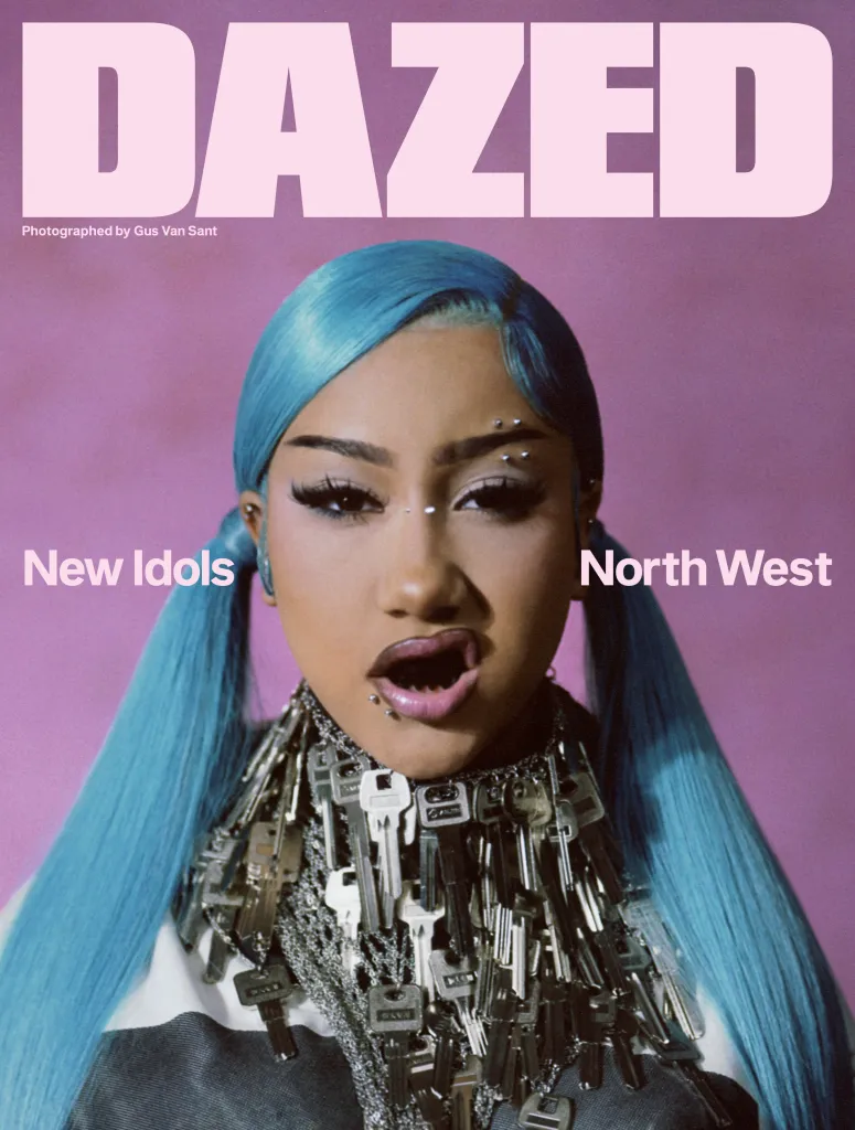 North West on DAZED magazine with blue hair and key necklace.