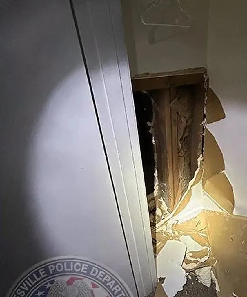 The depraved suspect left a large hole in the wall between the two units, slipping into a closet in a room the teen was in.