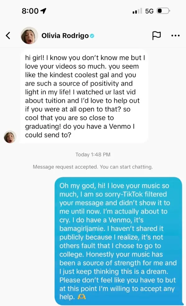 A screenshot of a text message conversation showing Olivia Rodrigo offering to pay for a fan's tuition.