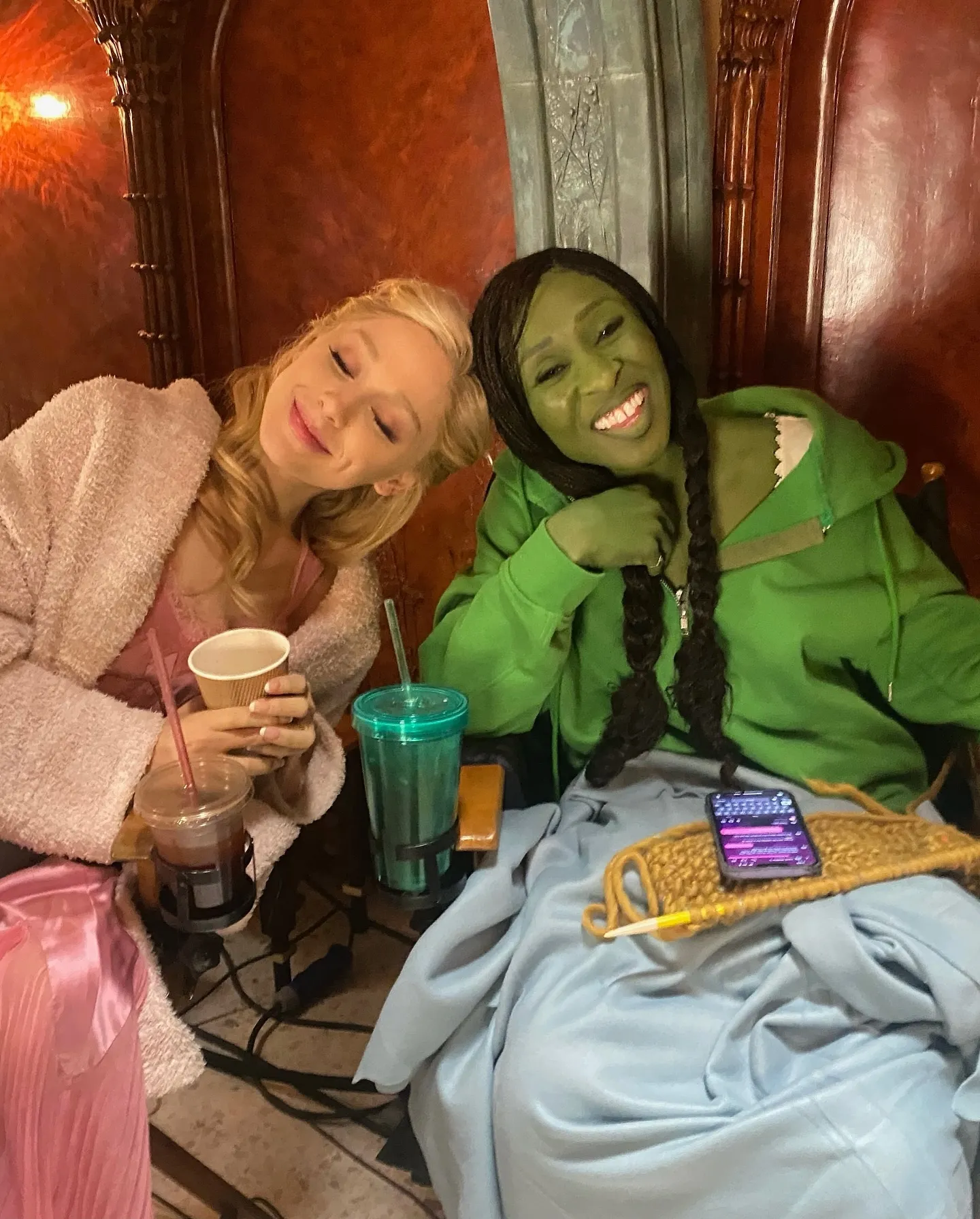 Ariana Grande and Cynthia Erivo in costume for the movie Wicked.