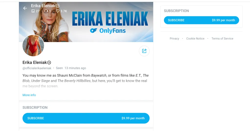 Screenshot of Erika Eleniak's OnlyFans page.