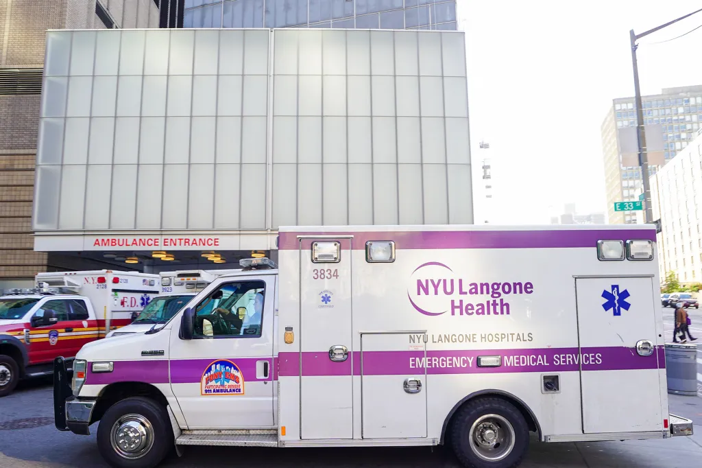 Ambulance from NYU Langone Health parked at the emergency entrance.