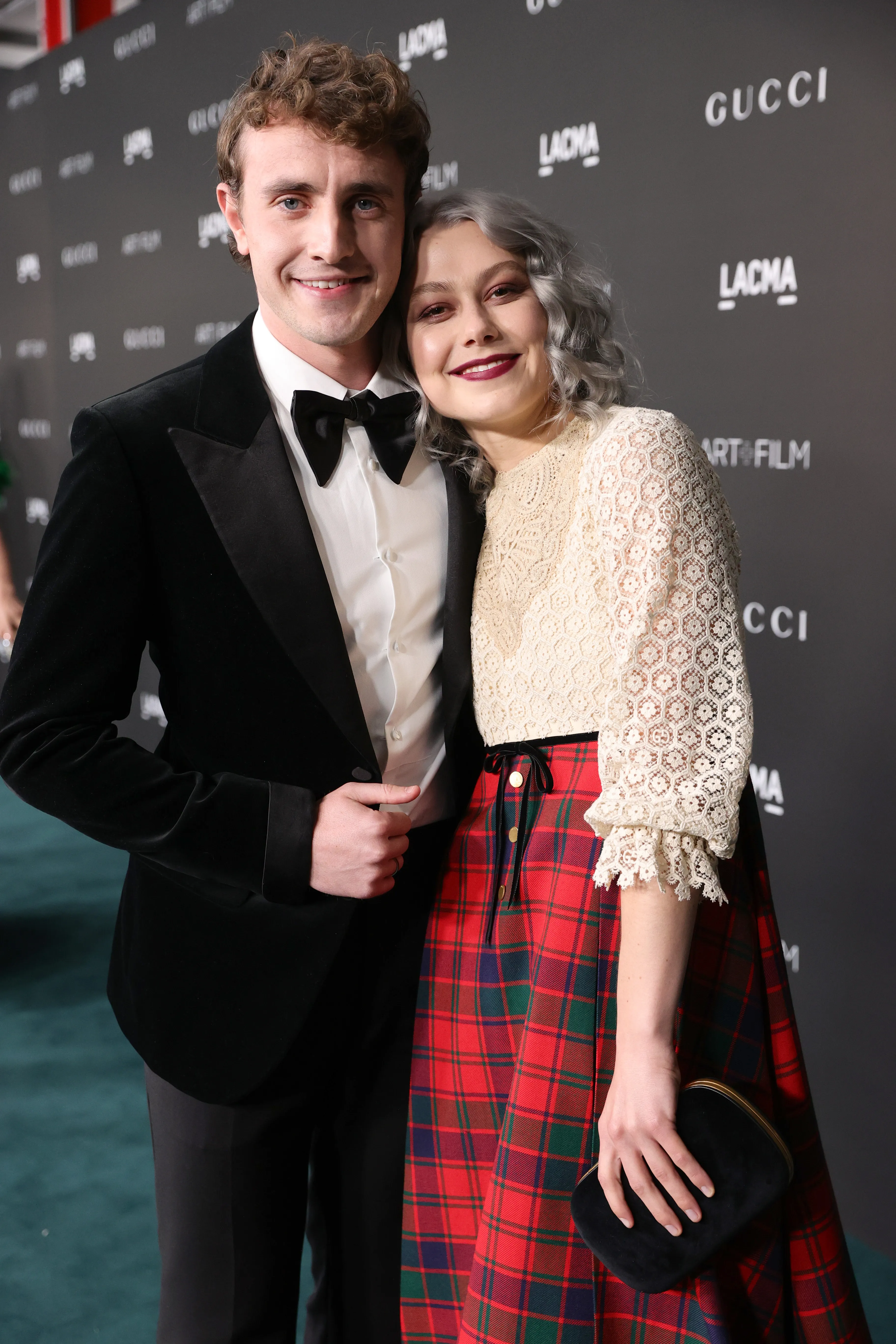 Paul Mescal in a tuxedo and Phoebe Bridgers in a plaid dress and lace top at the LACMA Art+Film Gala.