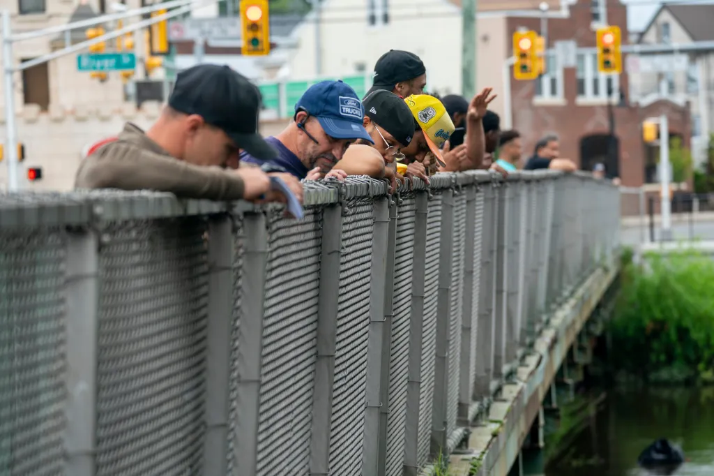 People peering over into the river. 