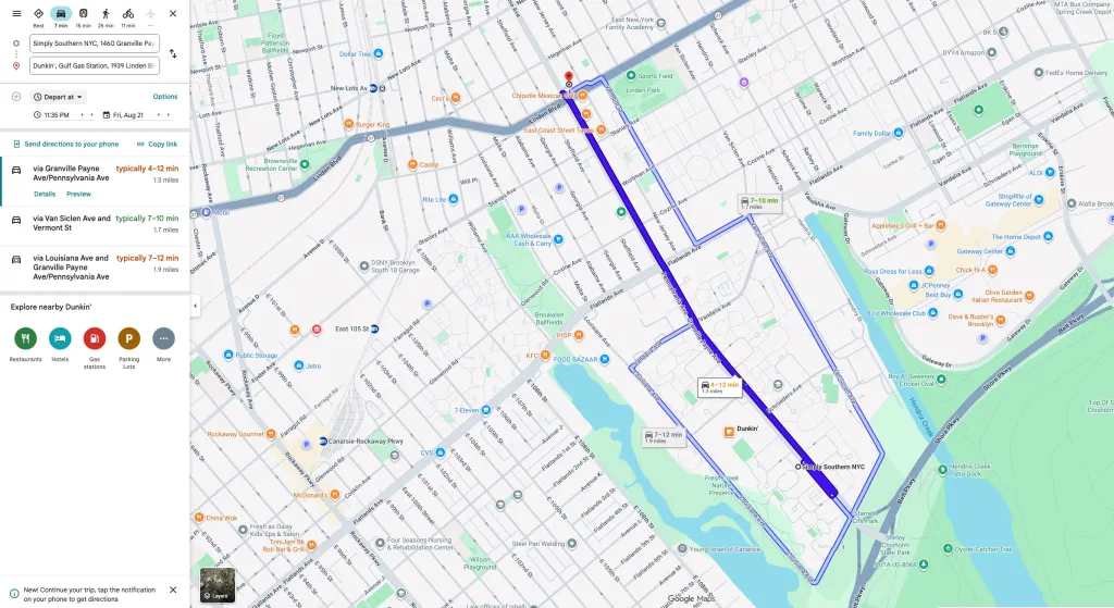 A Google Maps view of directions from Simply Southern NYC to Dunkin' in New York, with three route options highlighted in blue and a side panel showing details of each route and estimated travel times.