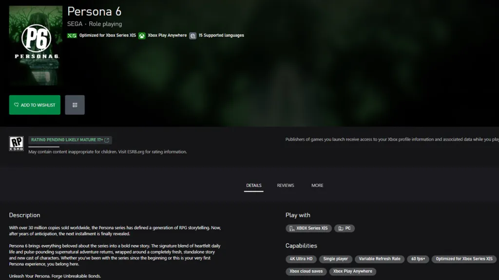 Persona 6 Xbox Game Page