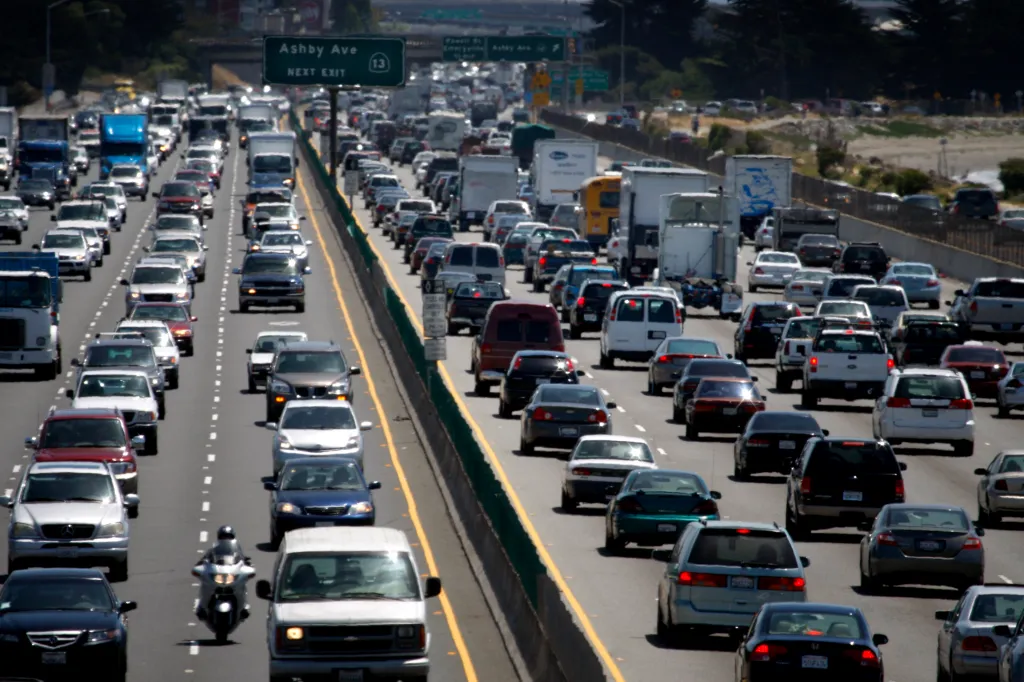 Traffic on the I-80 Freeway in both directions near University Avenue in Berkeley, California.