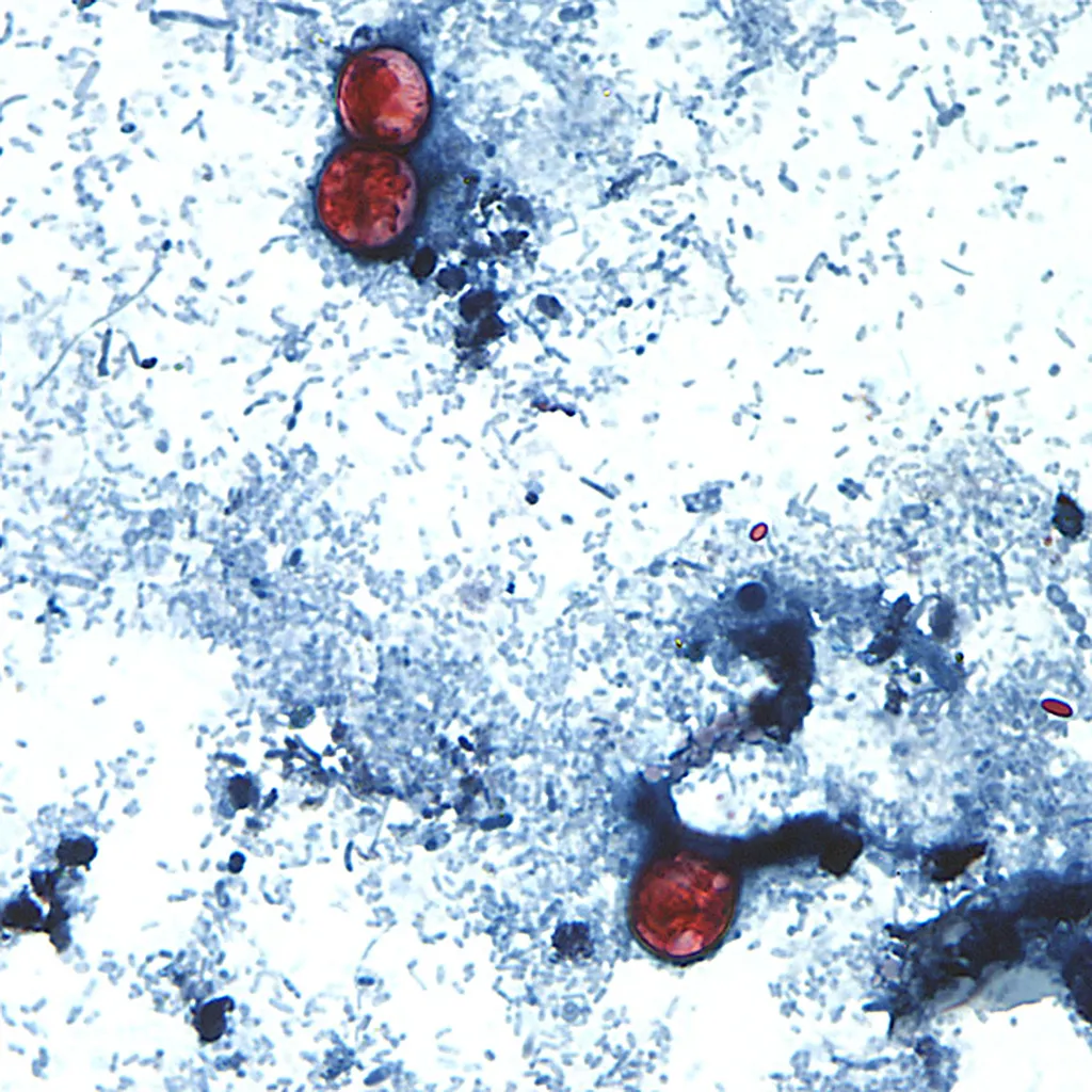 Photomicrograph of three reddish-brown Cyclospora cayetanensis oocysts within a light blue background of stool sample.