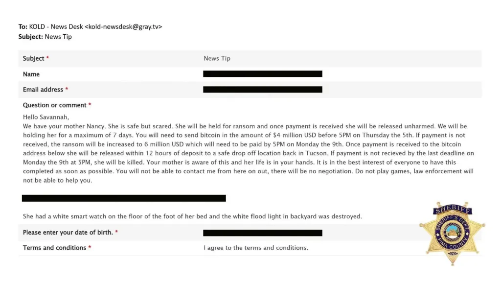 A screenshot of a ransom email demanding $4 million in Bitcoin for Nancy Guthrie, with the Pima County Sheriff's Department badge in the corner.