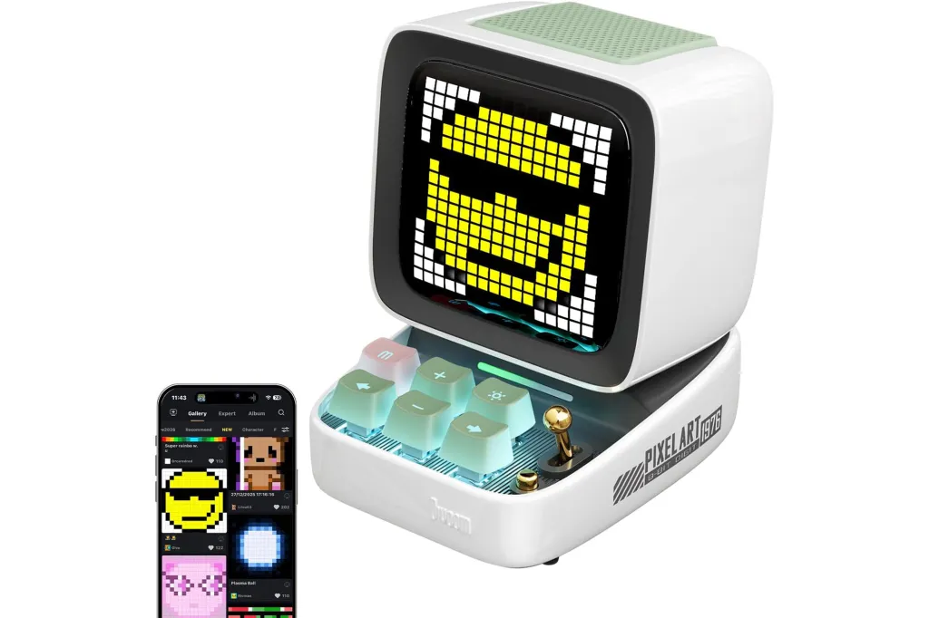 A white desktop pixel art device displaying a yellow pixel image, next to a smartphone showing a pixel art gallery app.