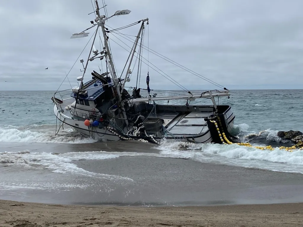 A fishing vessel ran aground on North Beach at Point Reyes National Seashore.