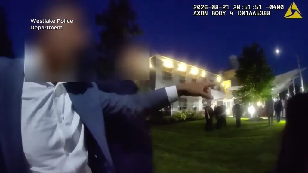 The alleged victim points at the men suspected in jumping him during the wedding on Aug. 21, 2026.