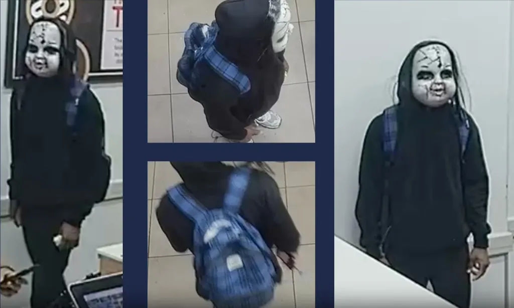 Collage of CCTV images showing a person wearing a creepy
