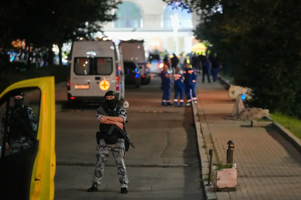 Heavily armed law enforcement officers at the scene, which had been closed off to the public.