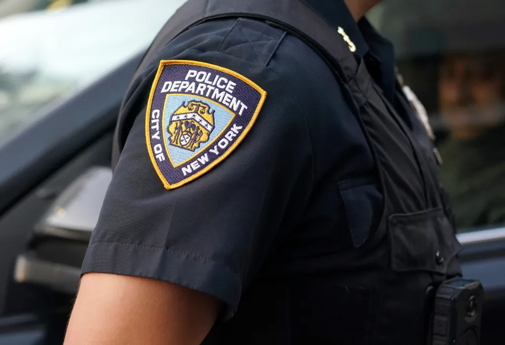 An NYPD officer's uniform with an arm patch that reads 