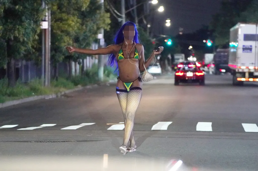 An alleged prostitute in a bikini and fishnet stockings on a street in East New York, Brooklyn.