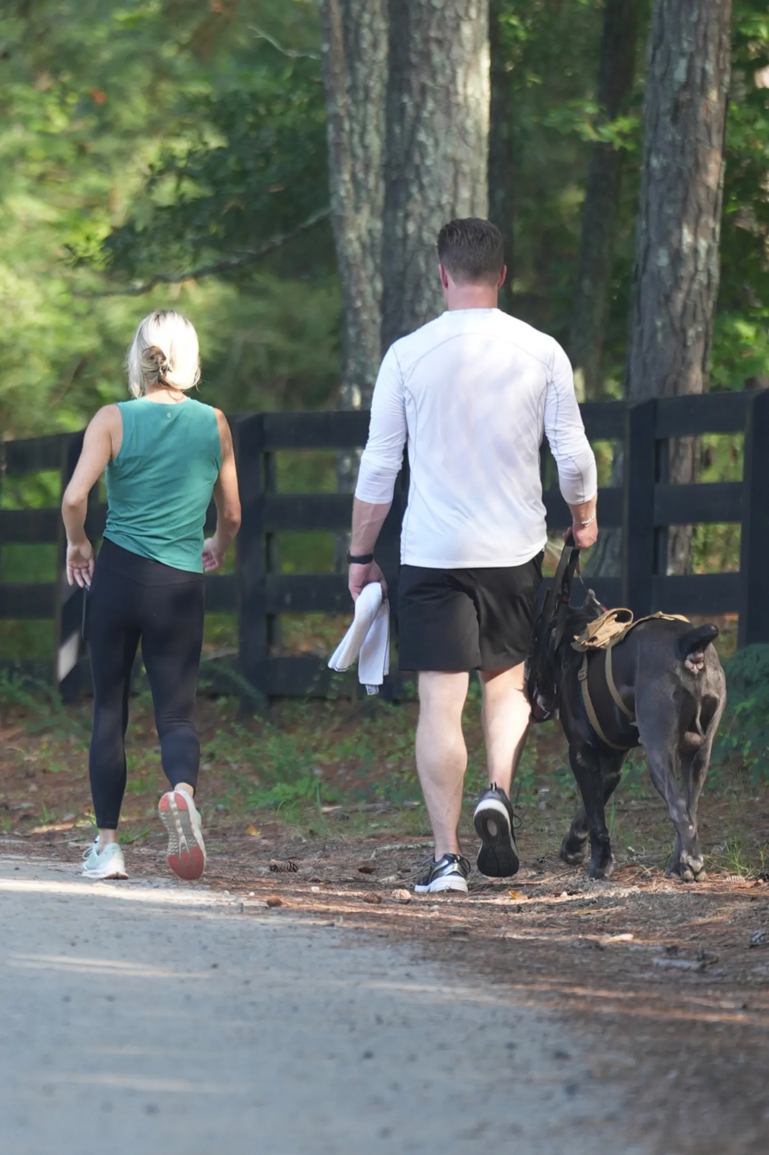 Kroy Biermann and Jillian Green walking a dog from behind in Alpharetta.