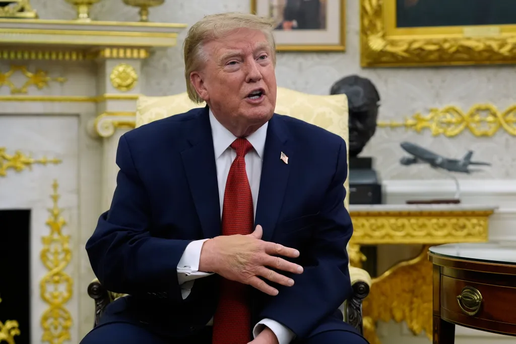 President Donald Trump speaking in the Oval Office.