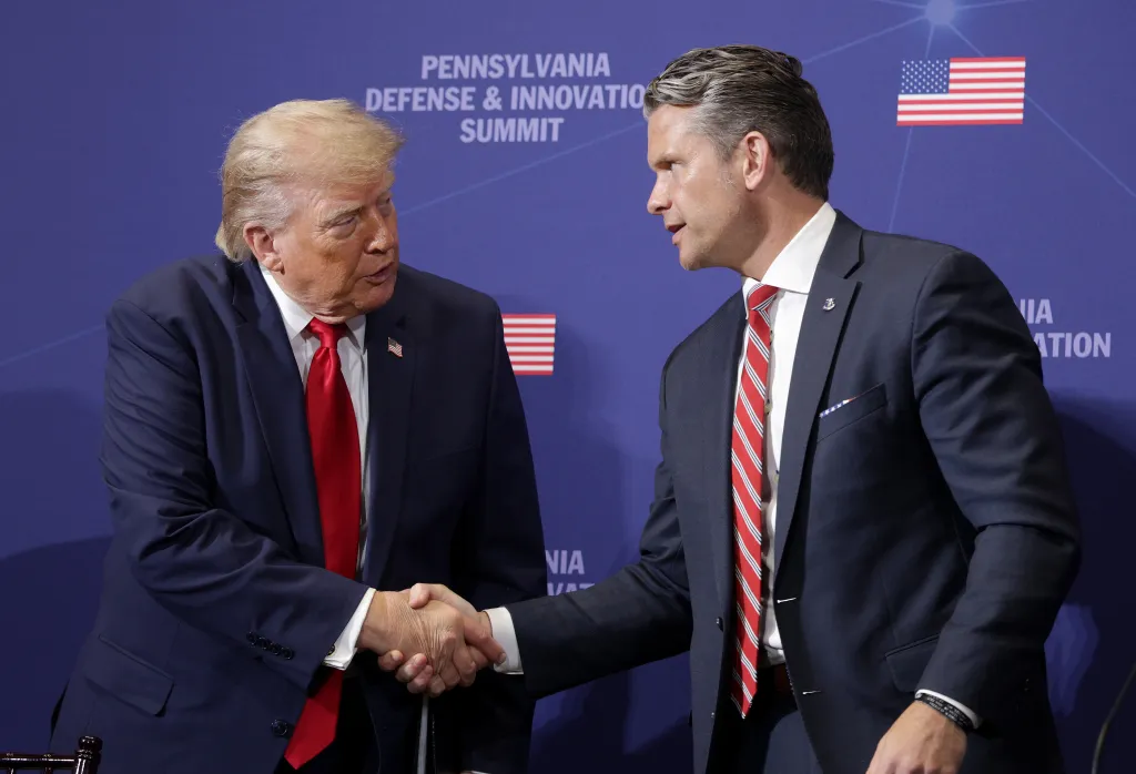 President Donald Trump speaks with Secretary of War Pete Hegseth on Wednesday, July 15, 2026, at the Pennsylvania Defense and Innovation Summit at US Army War College in Carlisle, Pennsylvania.