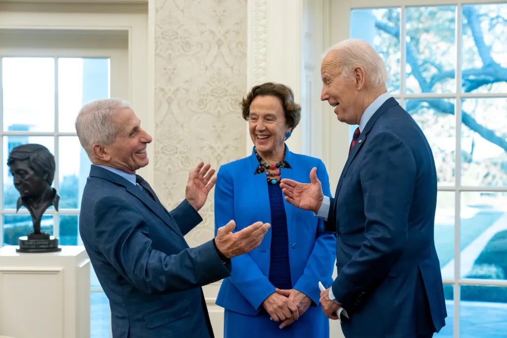 President Joe Biden, Dr. Anthony Fauci, and Dr. Christine Grady in the Oval Office.