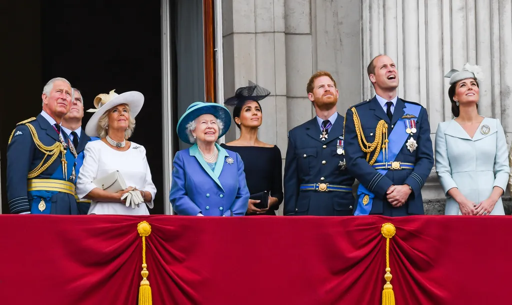 Members of the Royal Family on the Buckingham Palace balcony to view an RAF flypast.