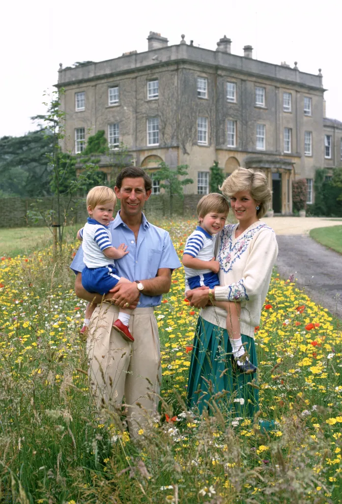 Prince Charles, Princess Diana, Prince William, and Prince Harry posing in a wildflower meadow in front of Highgrove House.
