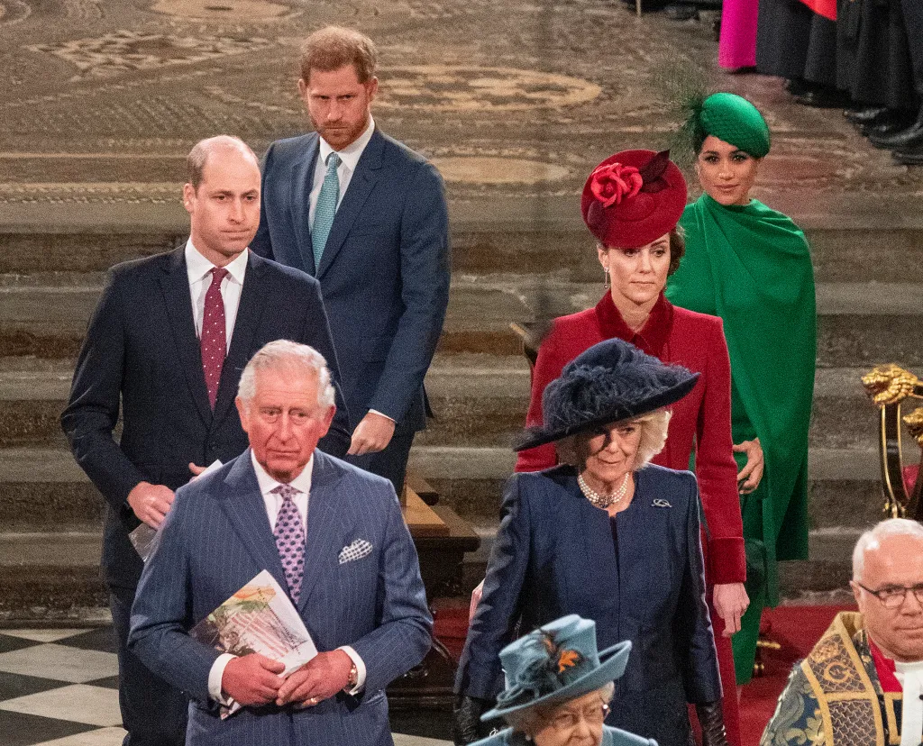 Prince William, Kate, Prince Harry, Meghan, Prince Charles, and Camilla walking down an aisle at the Commonwealth Day Service 2020.