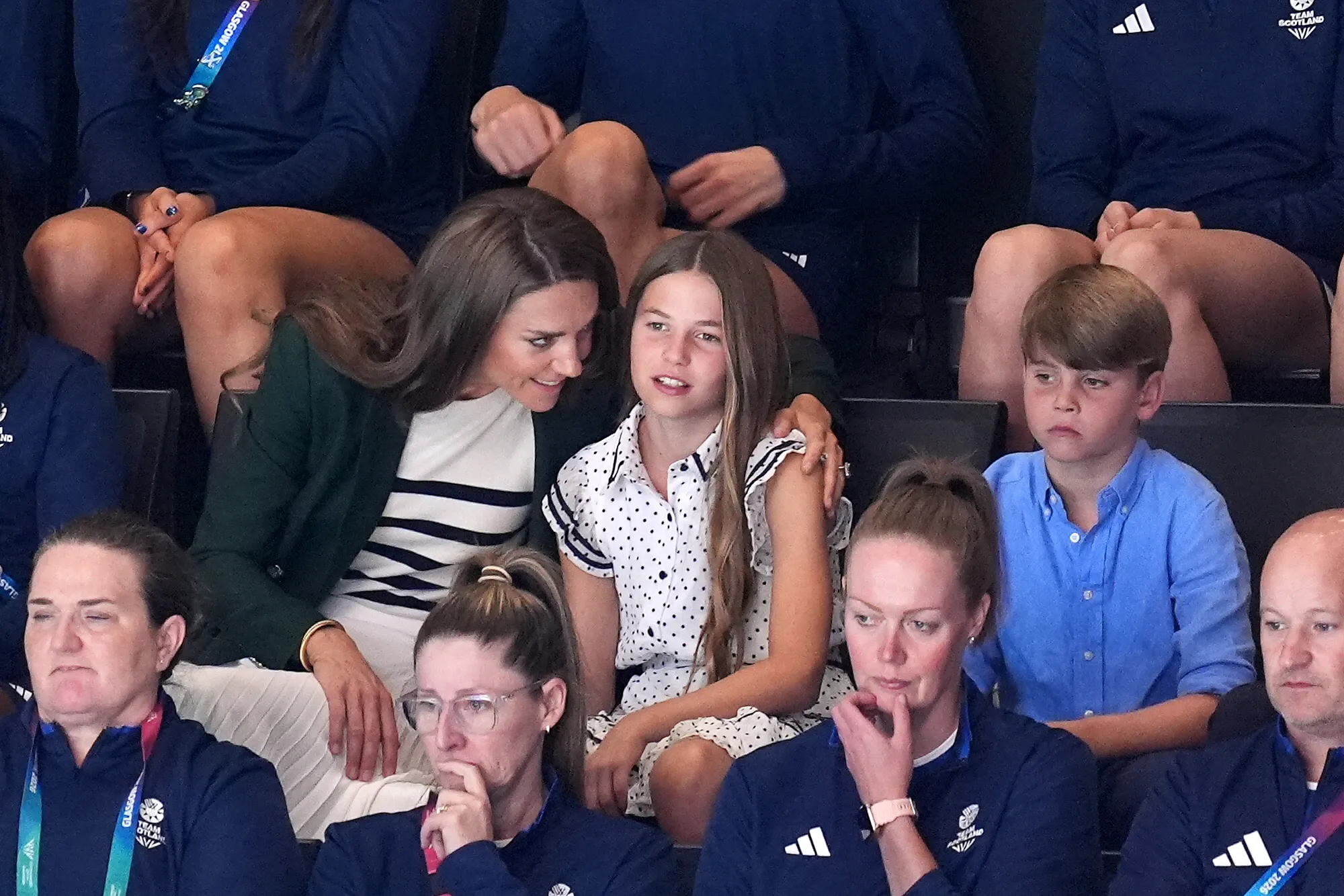 The Princess of Wales, Princess Charlotte, and Prince Louis watching the Netball Semi-Final match at the 2026 Commonwealth Games.